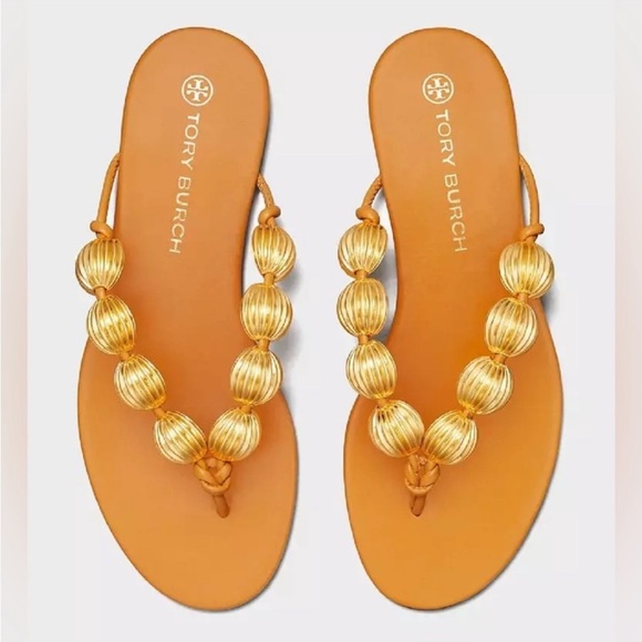 Tory Burch Capri Beaded Orange Leather Thong Sandals Size 7 - Picture 2 of 9